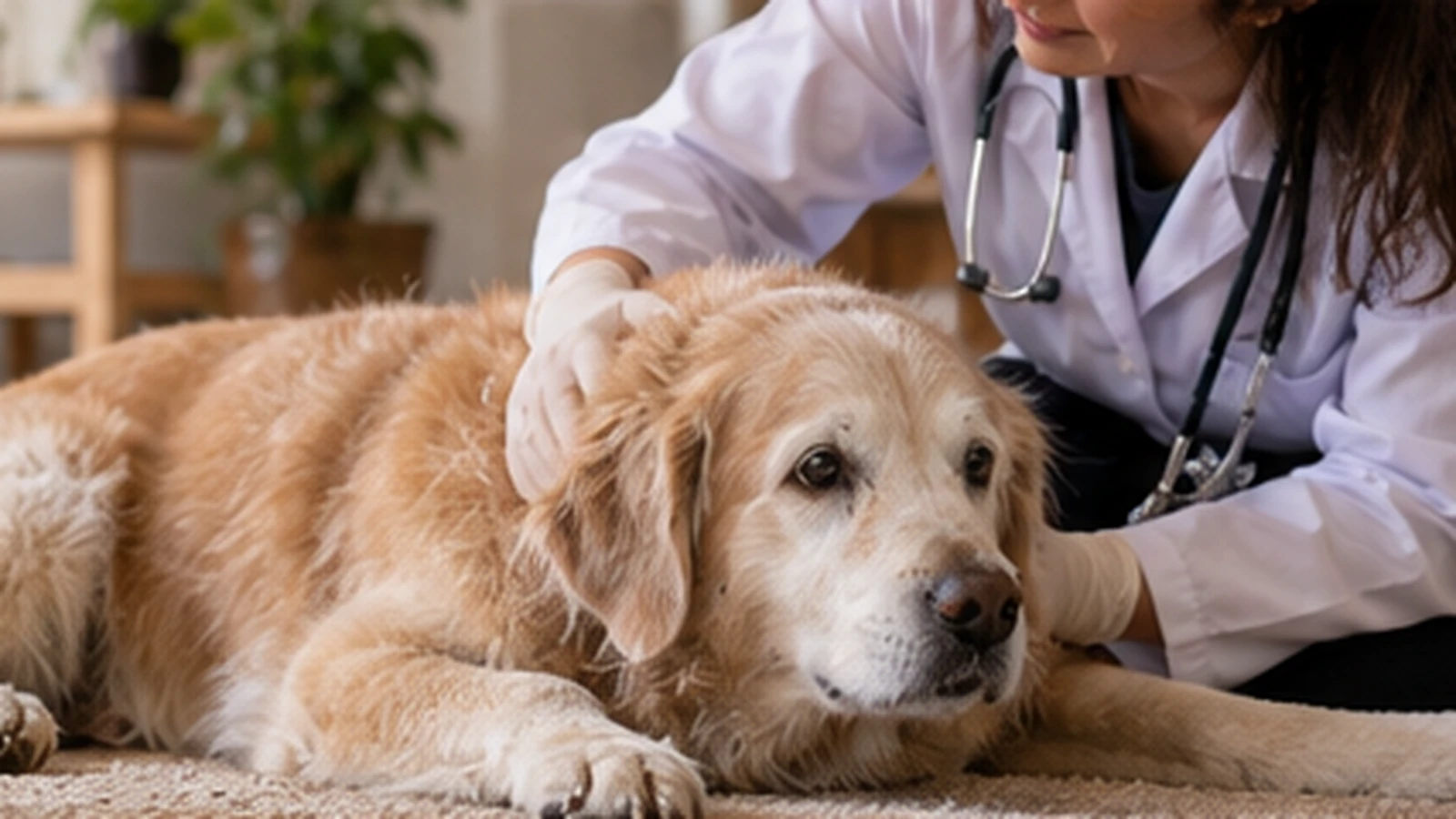 Cachorro idoso recebendo atendimento veterinário em casa