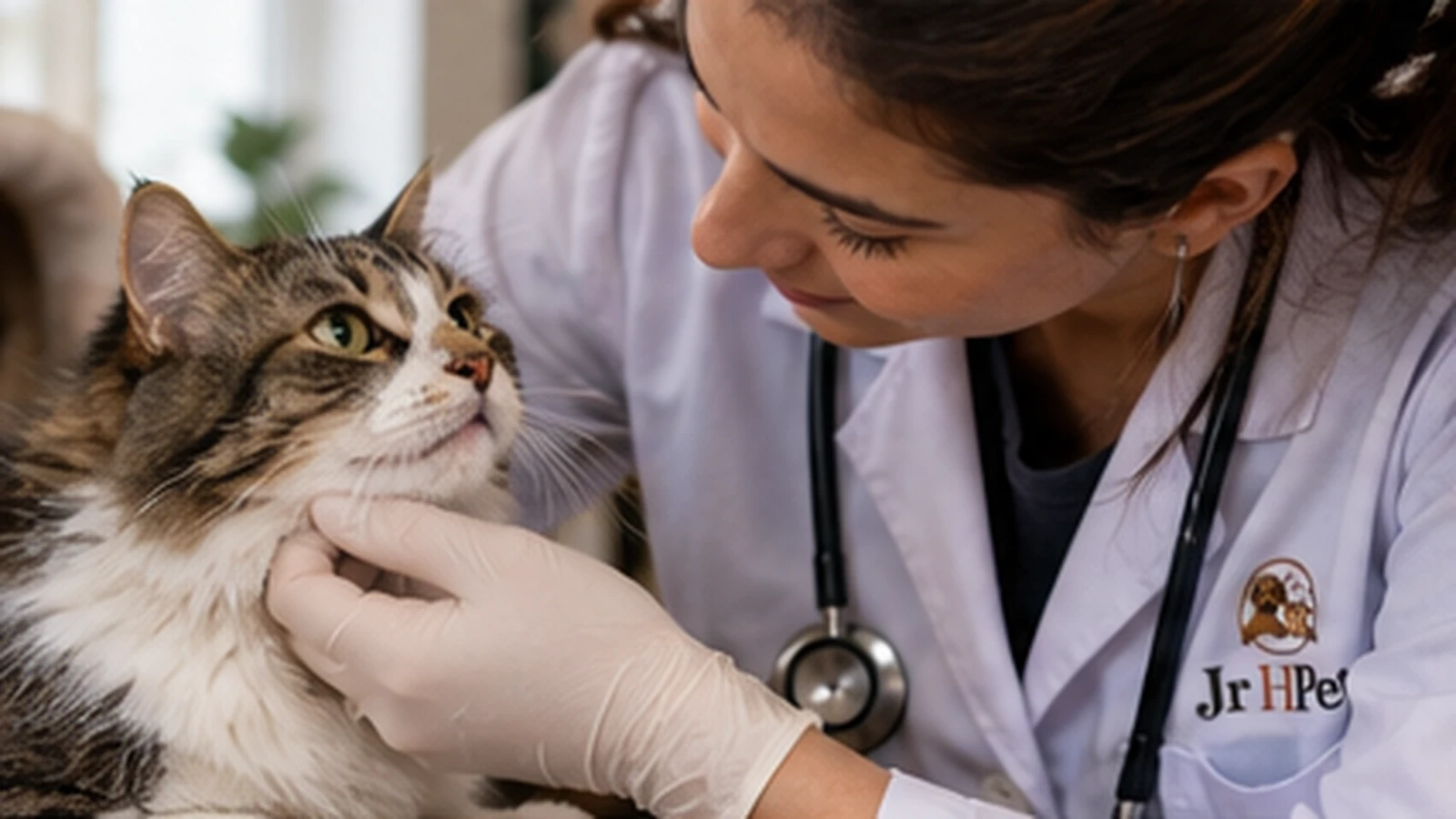 Gato sendo avaliado por veterinária durante atendimento domiciliar