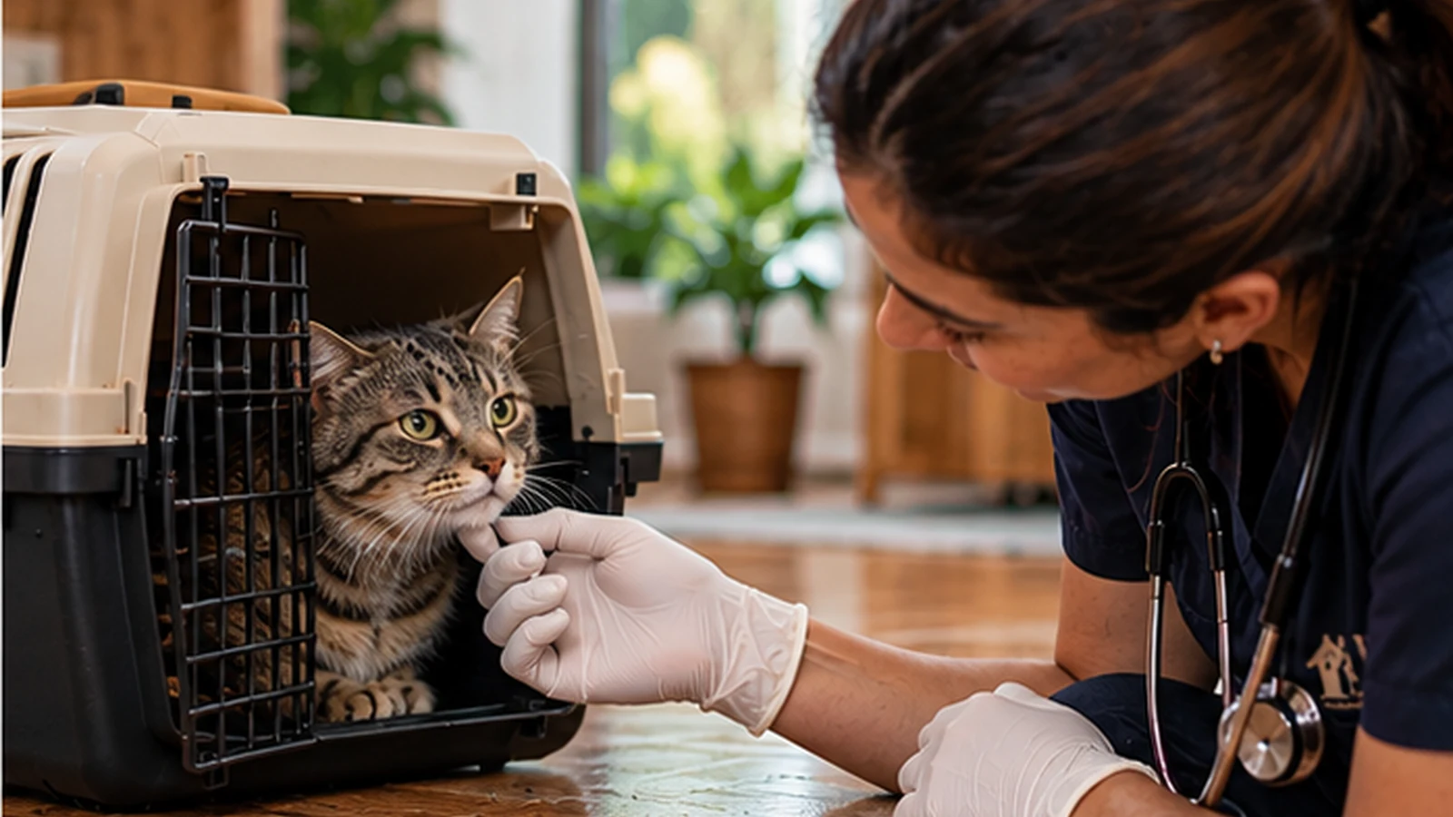 Gato recebendo atendimento veterinário em casa