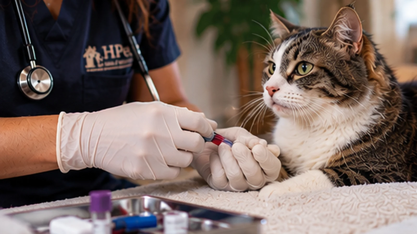 Coleta de exame em gato durante atendimento veterinário domiciliar