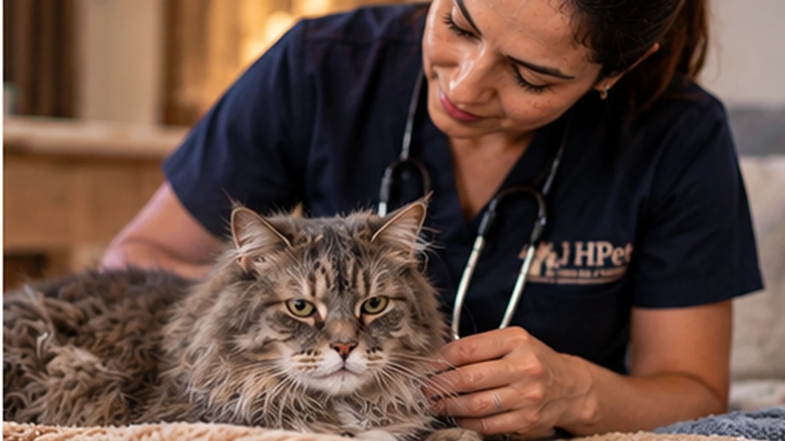 Gato idoso recebendo atendimento veterinário domiciliar